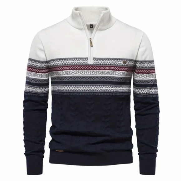 Men’s Slim-Fit Elegant Navy and White Zip-Up Sweater (95%Cotton)